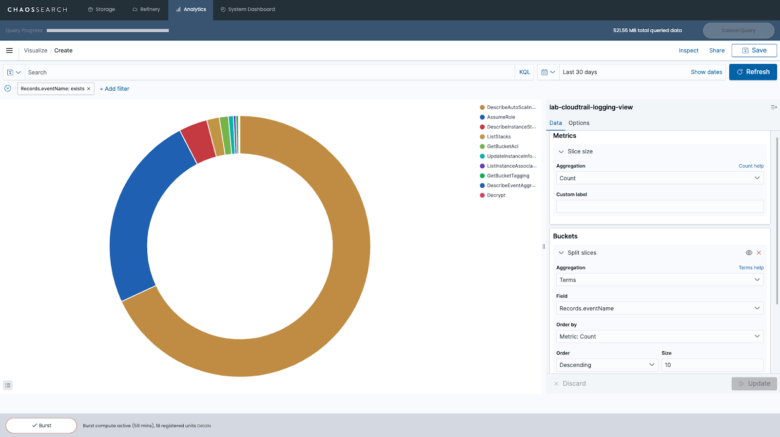 Configuring the Kibana visualization builder for a pie chart